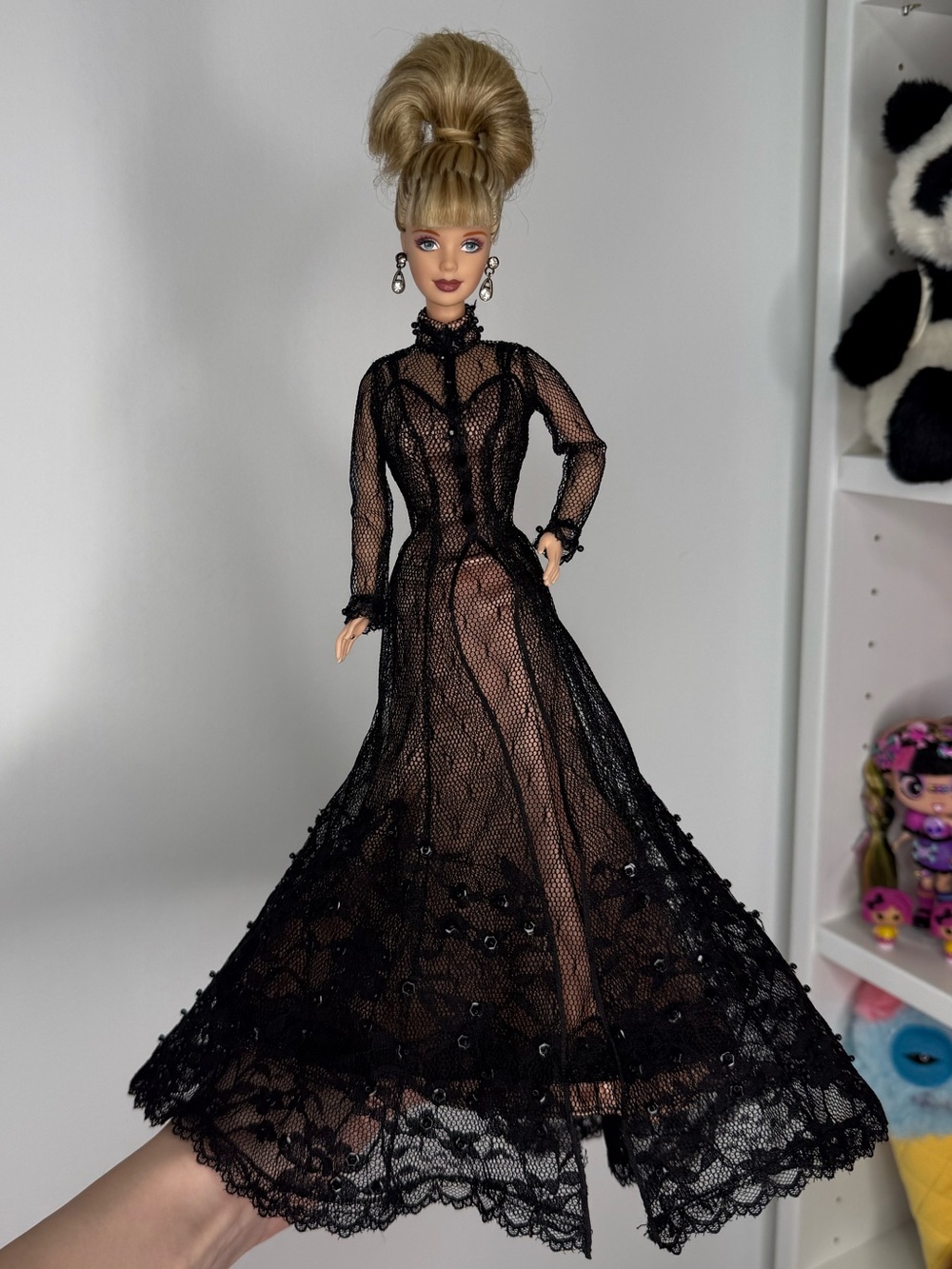Nolan Miller Sheer Illusion Sheer Tulle Lace Gown First Barbie Doll & Earrings
